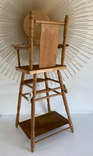 22 ⚜️ Jouet Ancienne Chaise Haute De Poupée en Bois Vintage Hauteur 72 Cm