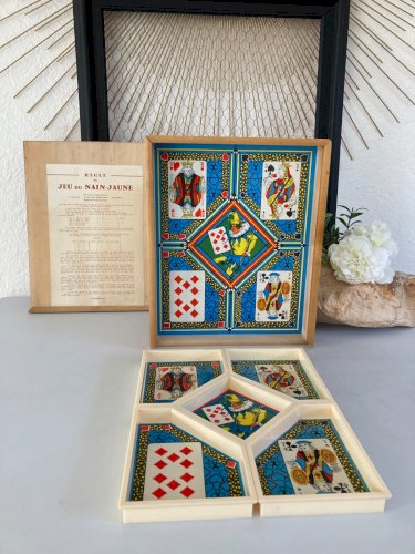 225⚜️ Ancien Jeu De Société Jeu du Nain Jaune - Boîte en Bois avec Jetons