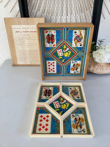225⚜️ Ancien Jeu De Société Jeu du Nain Jaune - Boîte en Bois avec Jetons
