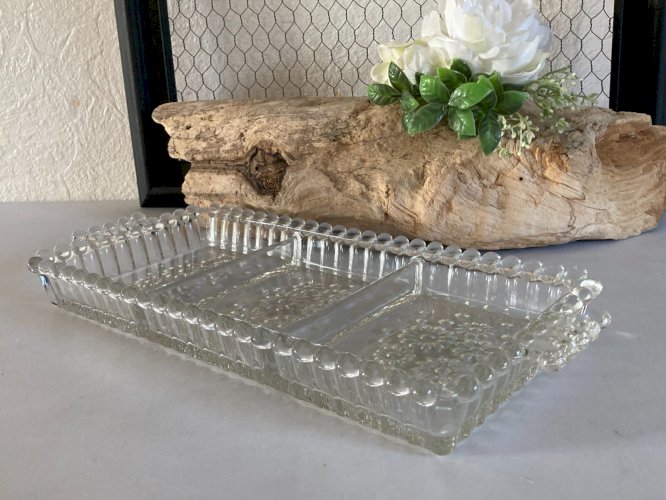 225⚜️ Ancien Plat Plateau en Verre Serviteur Rectangulaire 3 Compartiments