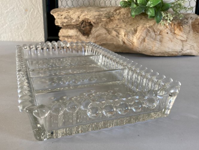 225⚜️ Ancien Plat Plateau en Verre Serviteur Rectangulaire 3 Compartiments