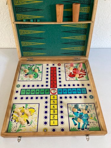 225⚜️ Ancienne Malette de Jeu en Bois Plusieurs Jeux de Société Complet Vintage