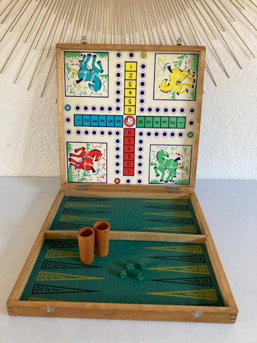 225⚜️ Ancienne Malette de Jeu en Bois Plusieurs Jeux de Société Complet Vintage