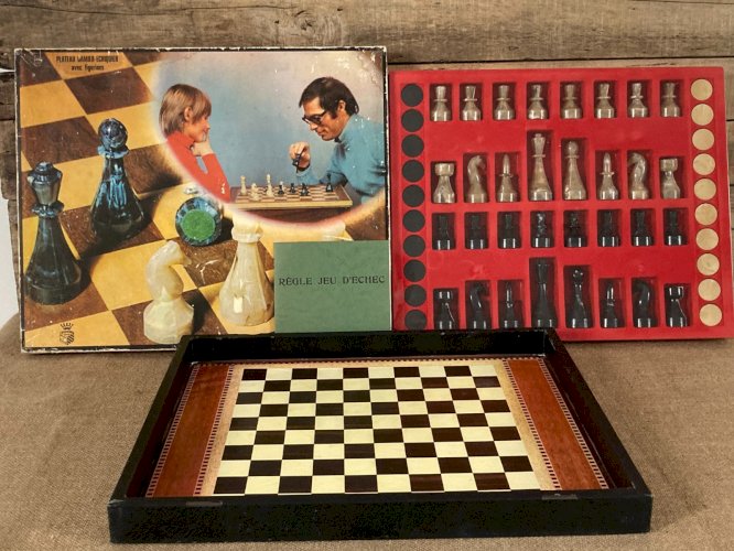 226⚜️ Ancien Jeu de Société Garnier Plateau 2 Jeux Damier-Échiquier Complet