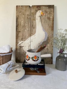 226⚜️ Ancien Service à Fondue Caquelon en Fonte Émaillée Décor Fleurs Vintage