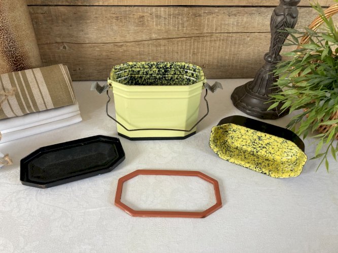 226⚜️ Ancienne Gamelle D'ouvrier Chantier en Tôle Émaillée Jaune Vintage