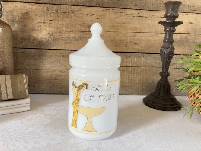 226⚜️ Déco Ancien Pot de Salle de Bain Sels de Bain en Verre Opaline Année 1970