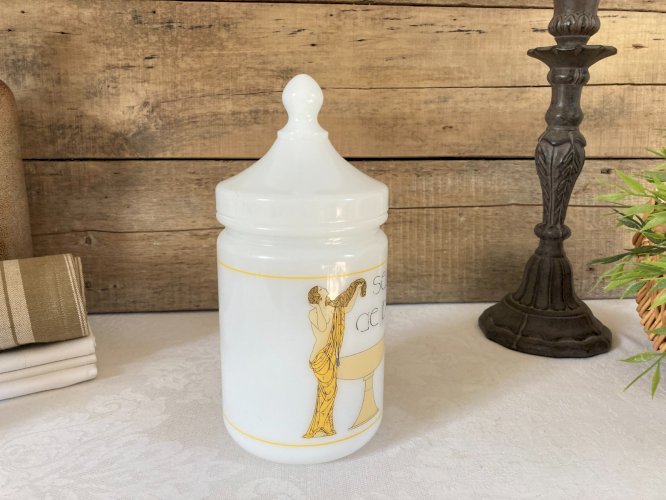 226⚜️ Déco Ancien Pot de Salle de Bain Sels de Bain en Verre Opaline Année 1970