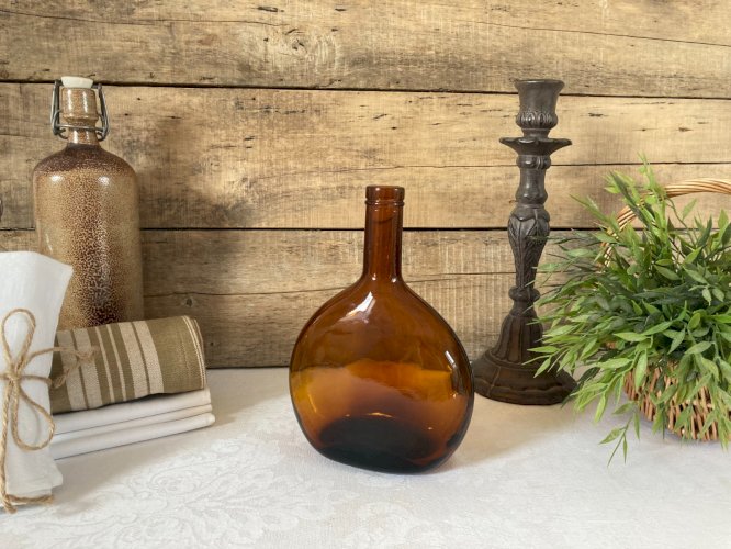 226⚜️ Déco Ancienne Bouteille en Verre Couleur Ambré Hauteur 22 Cm Vintage