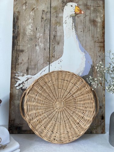 226⚜️ Déco Plateau de Service Avec Anses en Osier Rotin Vintage Diamètre 32 Cm