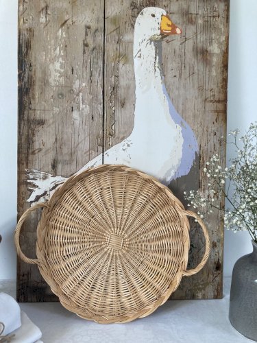 226⚜️ Déco Plateau de Service Avec Anses en Osier Rotin Vintage Diamètre 32 Cm