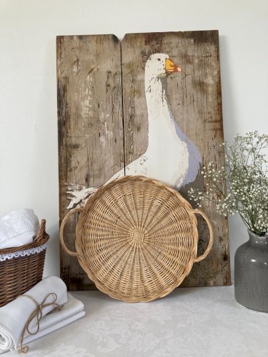 226⚜️ Déco Plateau de Service Avec Anses en Osier Rotin Vintage Diamètre 32 Cm