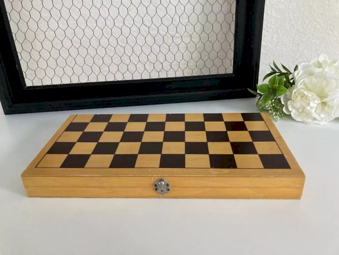 23 ⚜️ Ancien Jeu De Dames Pliable Vintage en Bois Vintage Complet