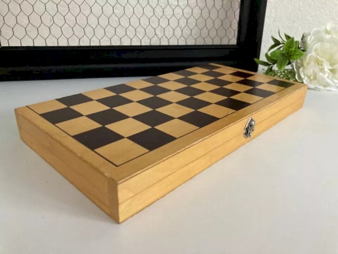 23 ⚜️ Ancien Jeu De Dames Pliable Vintage en Bois Vintage Complet