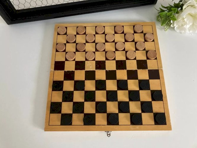 23 ⚜️ Ancien Jeu De Dames Pliable Vintage en Bois Vintage Complet