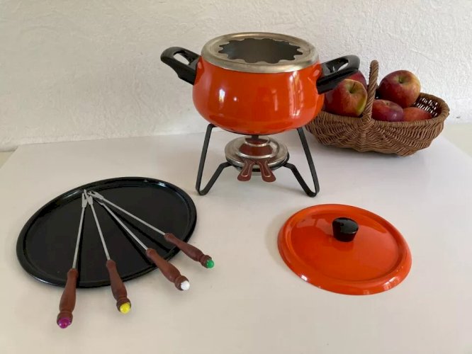 23 ⚜️ Ancien Service à Fondue Bourguignonne Couleur Orange Vintage