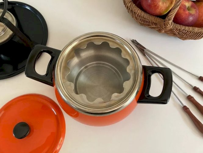 23 ⚜️ Ancien Service à Fondue Bourguignonne Couleur Orange Vintage