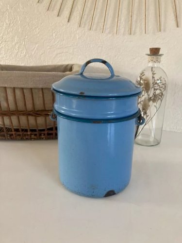 23 ⚜️  Ancienne Gamelle à Soupe en Tôle Émaillée Bleu Vintage