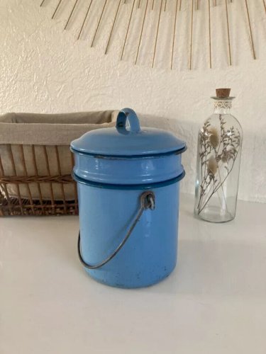 23 ⚜️  Ancienne Gamelle à Soupe en Tôle Émaillée Bleu Vintage