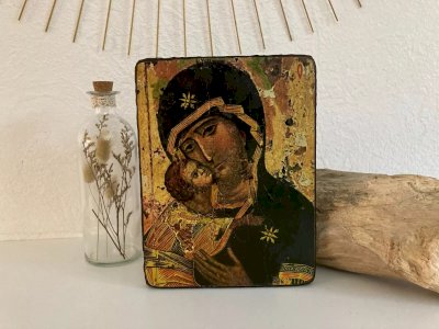 23 ⚜️ Tableau Religieuse Icone Vierge de Von Vladimir en Bois Rustique