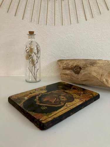 23 ⚜️ Tableau Religieuse Icone Vierge de Von Vladimir en Bois Rustique