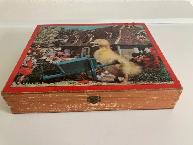 24 ⚜️ Ancien Boite en Bois Jouet 30 Cubes Saturnin ORTF Made In France Vintage