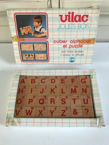 24⚜️ Ancien Jouet en Bois Vilac Cubes Alphabet et Puzzle Vintage