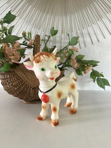 24⚜️ Ancien Jouet Grande Figurine Vache Delacoste Pouet Made In France Vintage