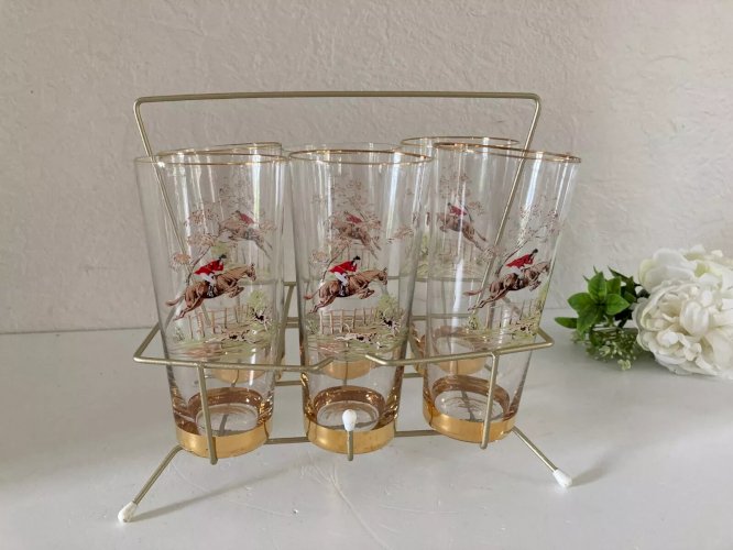 24⚜️ Ancien Lots de 7 Verres Support en Métal Doré Le Cavalier