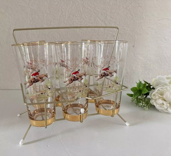 24⚜️ Ancien Lots de 7 Verres Support en Métal Doré Le Cavalier