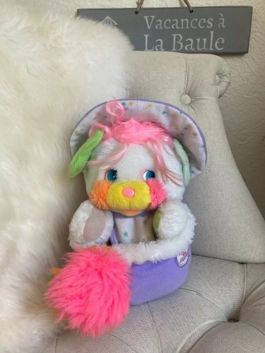 24⚜️ Ancienne Peluche Doudou Popples Bébé Bibsy Puffball Blanc Mattel 1986