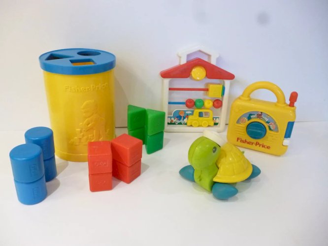 24 ⚜ Jouet Lot Fisher Price La Boite Cube, La Tortue, Le Poste A Musique Vintage