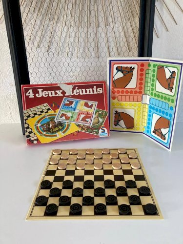 24⚜️Ancien Jeu de Société 4 Jeux Réunis Schmidt Dames, Dada, Derby, Jeu de L'oie