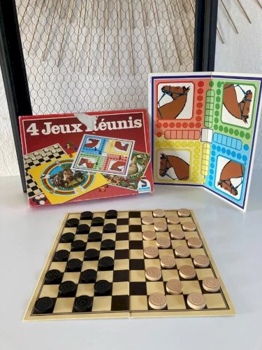 24⚜️Ancien Jeu de Société 4 Jeux Réunis Schmidt Dames, Dada, Derby, Jeu de L'oie