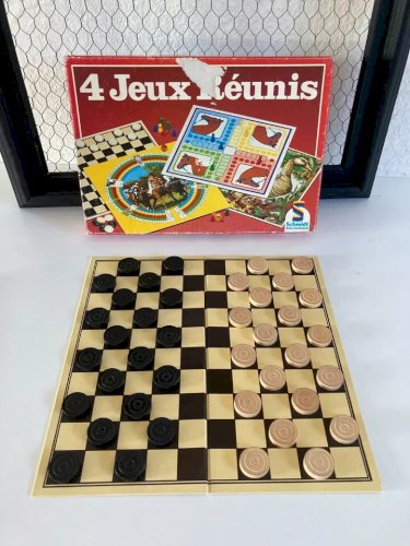 24⚜️Ancien Jeu de Société 4 Jeux Réunis Schmidt Dames, Dada, Derby, Jeu de L'oie