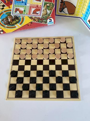 24⚜️Ancien Jeu de Société 4 Jeux Réunis Schmidt Dames, Dada, Derby, Jeu de L'oie