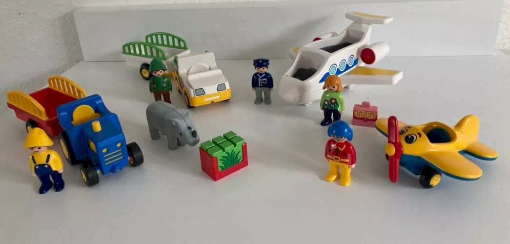25 ⚜️ Jouet Lot Playmobil 123 Plusieurs Véhicules Voiture, Avions, Tracteur