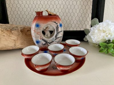 27⚜️ Service Saké Liqueur Japonais Décoré à la Main Chat et Dragon en Porcelaine