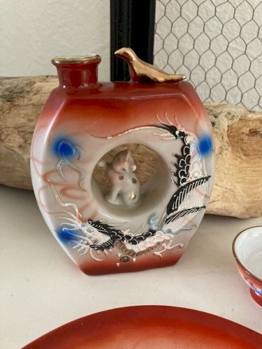 27⚜️ Service Saké Liqueur Japonais Décoré à la Main Chat et Dragon en Porcelaine