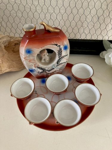 27⚜️ Service Saké Liqueur Japonais Décoré à la Main Chat et Dragon en Porcelaine