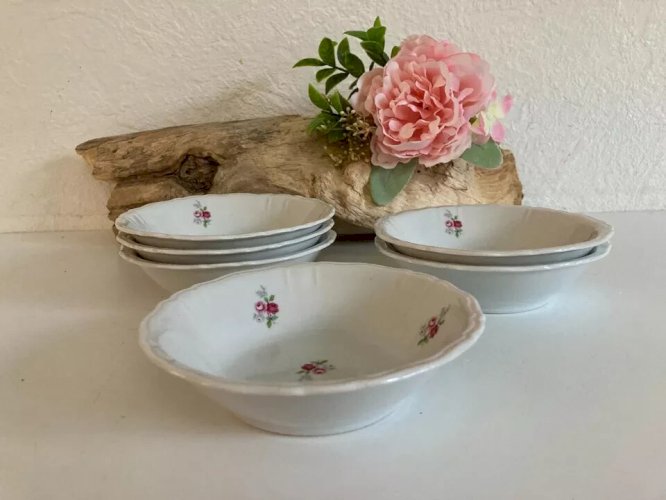 29⚜️ 6 Anciennes Petites Coupelles M&S Porcelaine Fine Extra Blanche Décor Rose