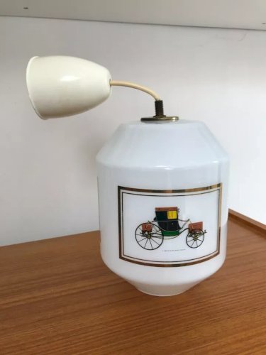 29 ⚜ Ancien Lustre En Verre Opaline Calèche Chariot Suspension Luminaire Vintage