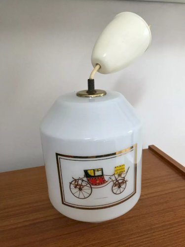 29 ⚜ Ancien Lustre En Verre Opaline Calèche Chariot Suspension Luminaire Vintage