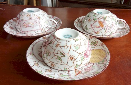 3 Antique Cup 6 Saucer Sarreguemines Rare Model Japonais Decorative 19th Century