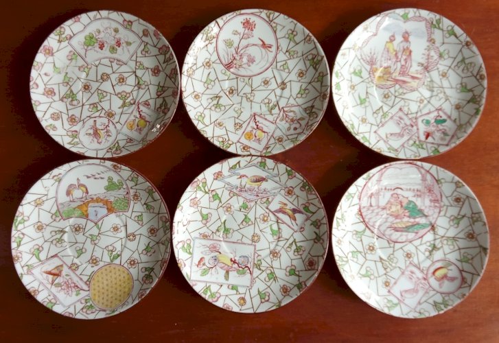 3 Ancienne Tasse 6 Soucoupes Sarreguemines Modèle Rare Décor Japonisant 19 Ème