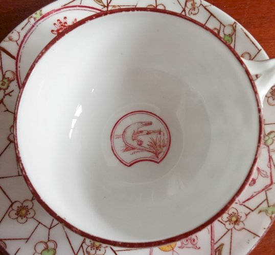 3 Ancienne Tasse 6 Soucoupes Sarreguemines Modèle Rare Décor Japonisant 19 Ème