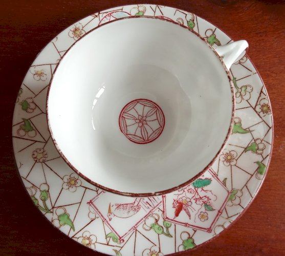 3 Ancienne Tasse 6 Soucoupes Sarreguemines Modèle Rare Décor Japonisant 19 Ème