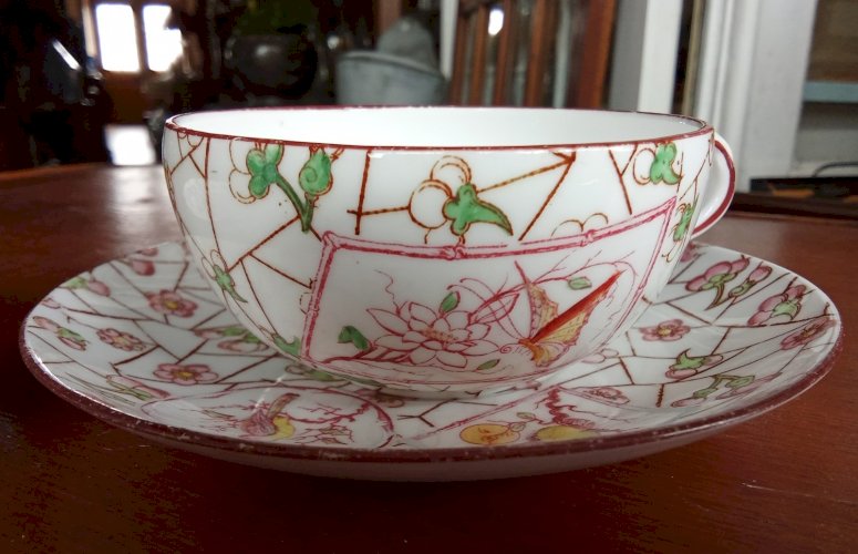 3 Ancienne Tasse 6 Soucoupes Sarreguemines Modèle Rare Décor Japonisant 19 Ème