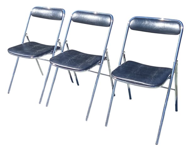 3 Anciennes Chaise Pliante Vintage Design 20 Ème Souvignet Métal  Chromé Skaï