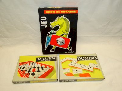 -3 ANCIENS JEUX DE VOYAGE VINTAGE DAMES DOMINOS PETITS CHEVAUX état neuf   D